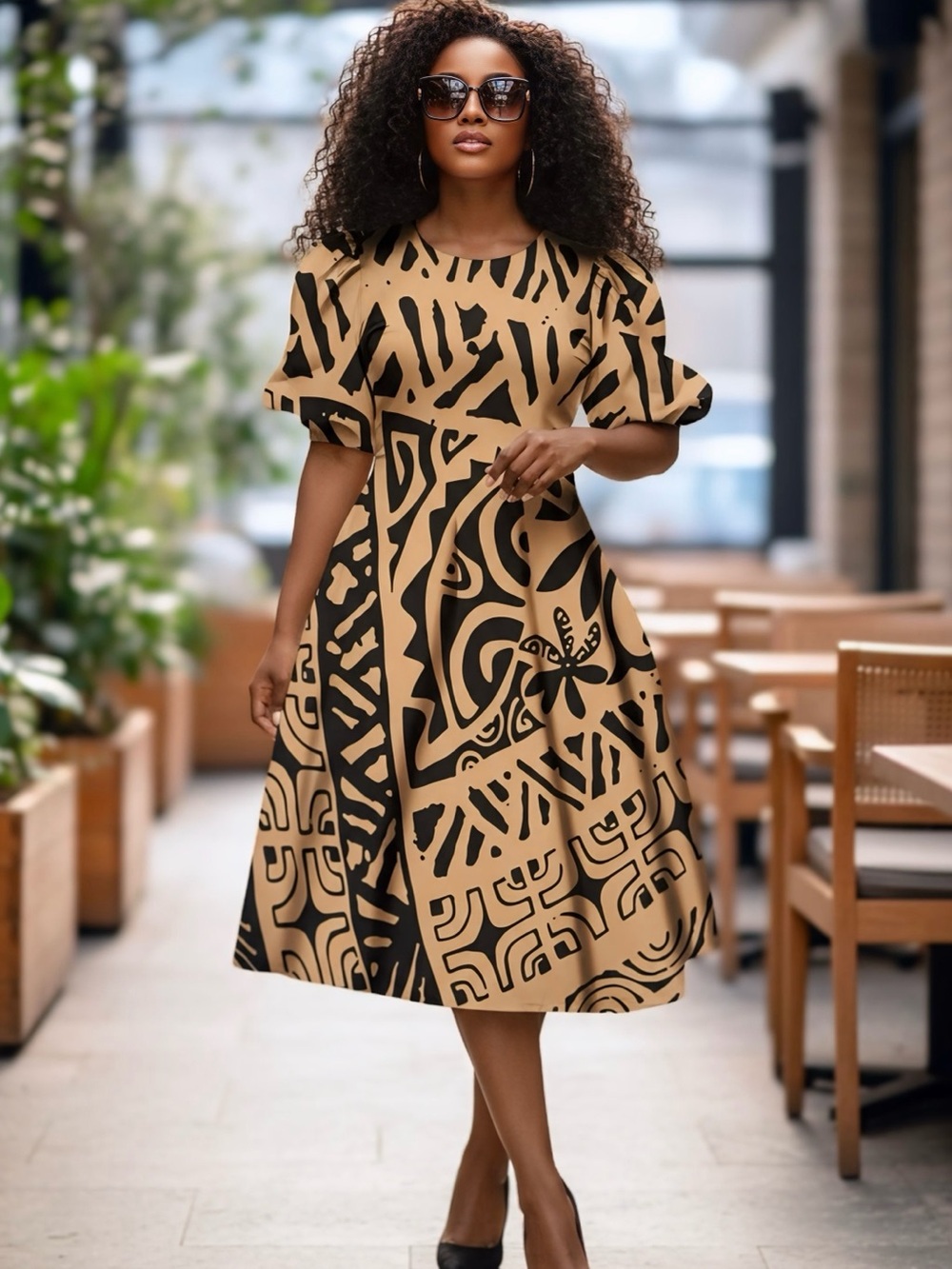 Tan & Black Printed A-Line Dress